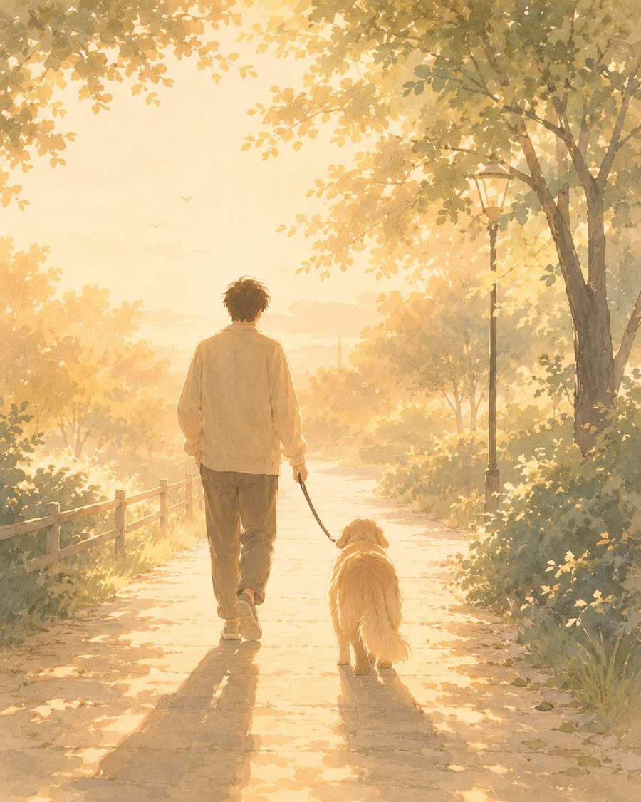 牽著牠散步的背影，夕陽下的小路